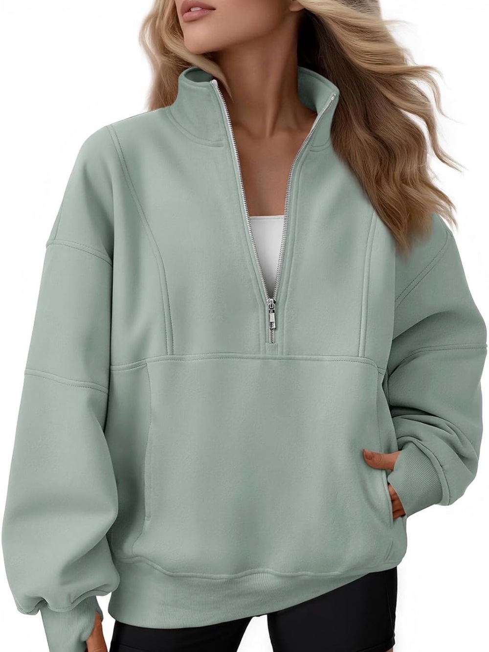 Light Sage Half-Zip Pullover Oversized Sweater - Women- Automet